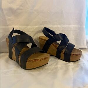 Pierre Dumas Black and Tan Wedge Sandals